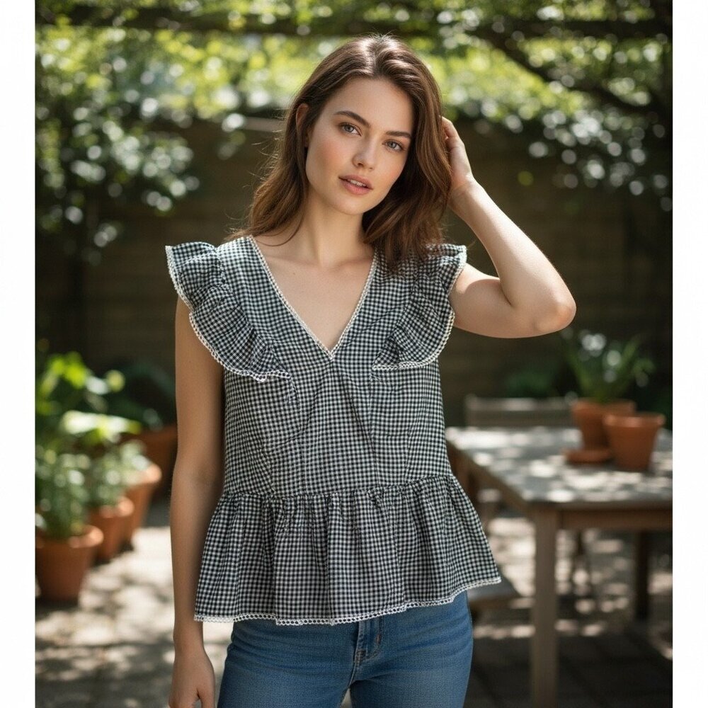 Nanette Lepore Black White Gingham Ruffle Peplum Blouse Size Medium Top